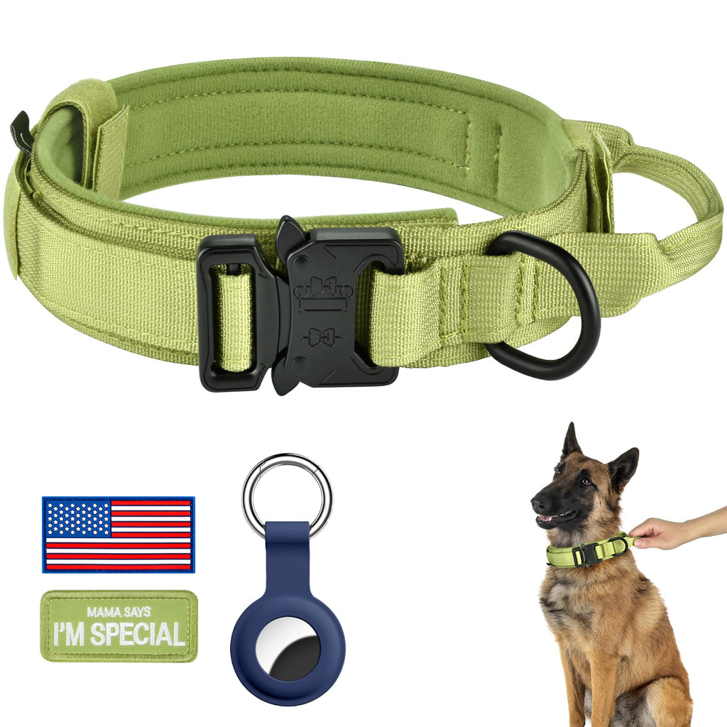 DAGANXI Tactical Dog Collar – Spring Grass, XL: Adjustable Nylon with Control Handle, AirTag Case & Patches for Medium/Large Dogs