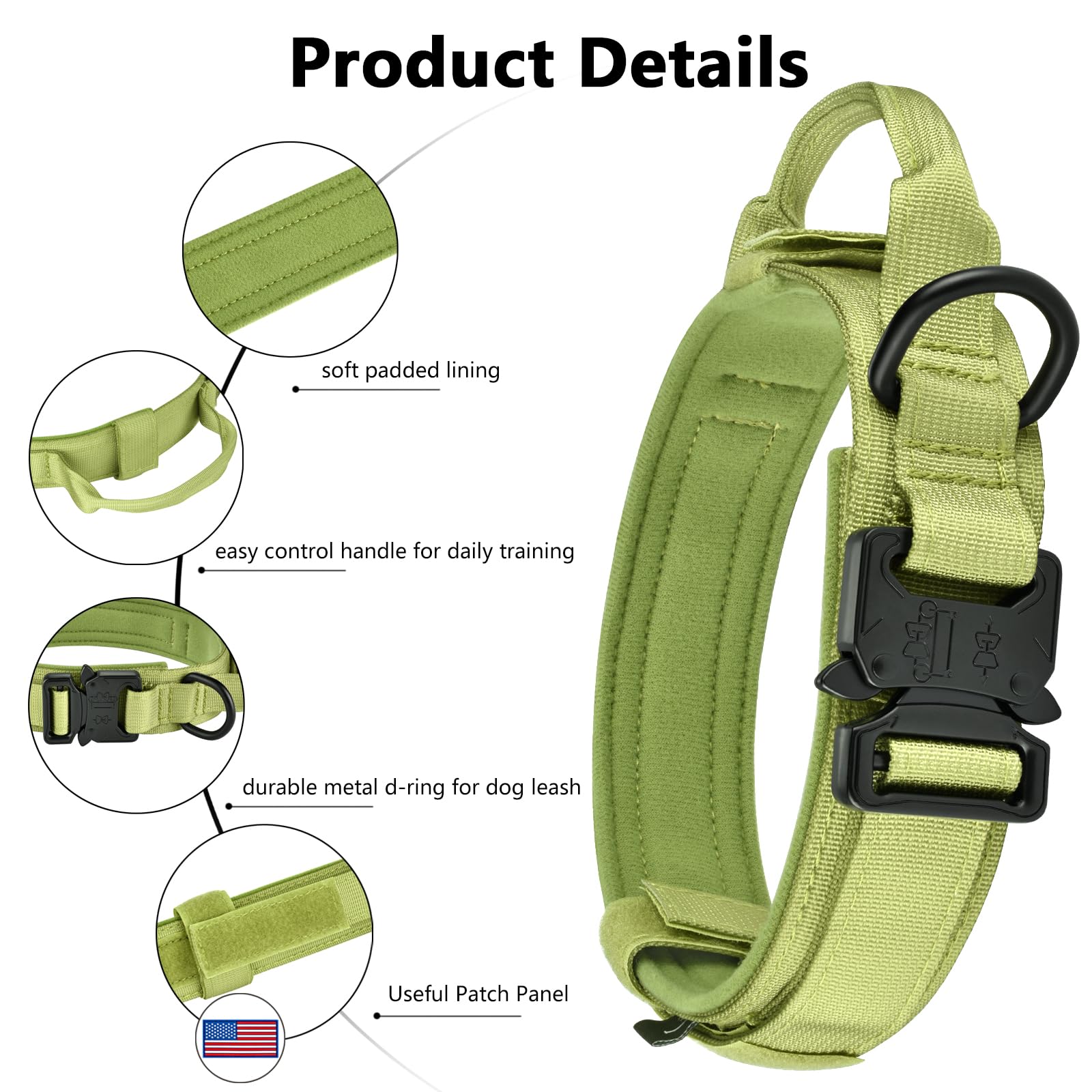 DAGANXI Tactical Dog Collar – Spring Grass, XL: Adjustable Nylon with Control Handle, AirTag Case & Patches for Medium/Large Dogs