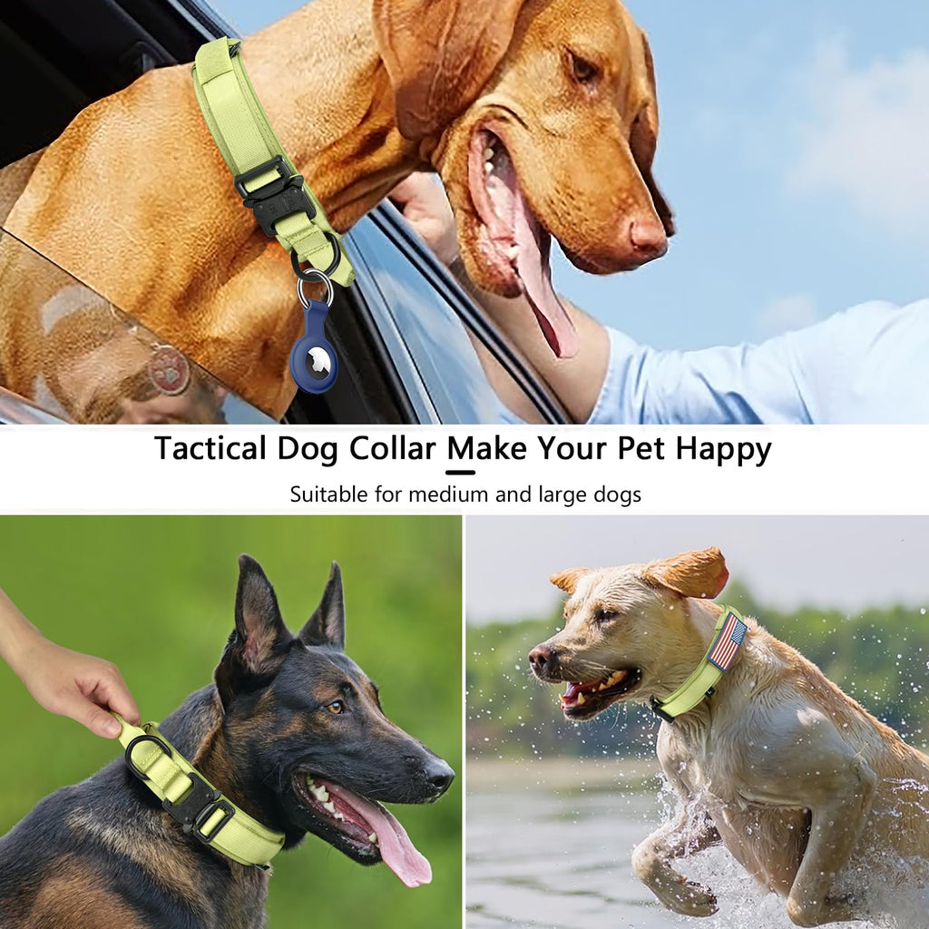 DAGANXI Tactical Dog Collar – Spring Grass, XL: Adjustable Nylon with Control Handle, AirTag Case & Patches for Medium/Large Dogs