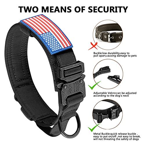 DAGANXI Tactical Dog Collar XL - Adjustable Military Training Nylon Collar with Control Handle, Metal Buckle, Patches & AirTag Case - Black