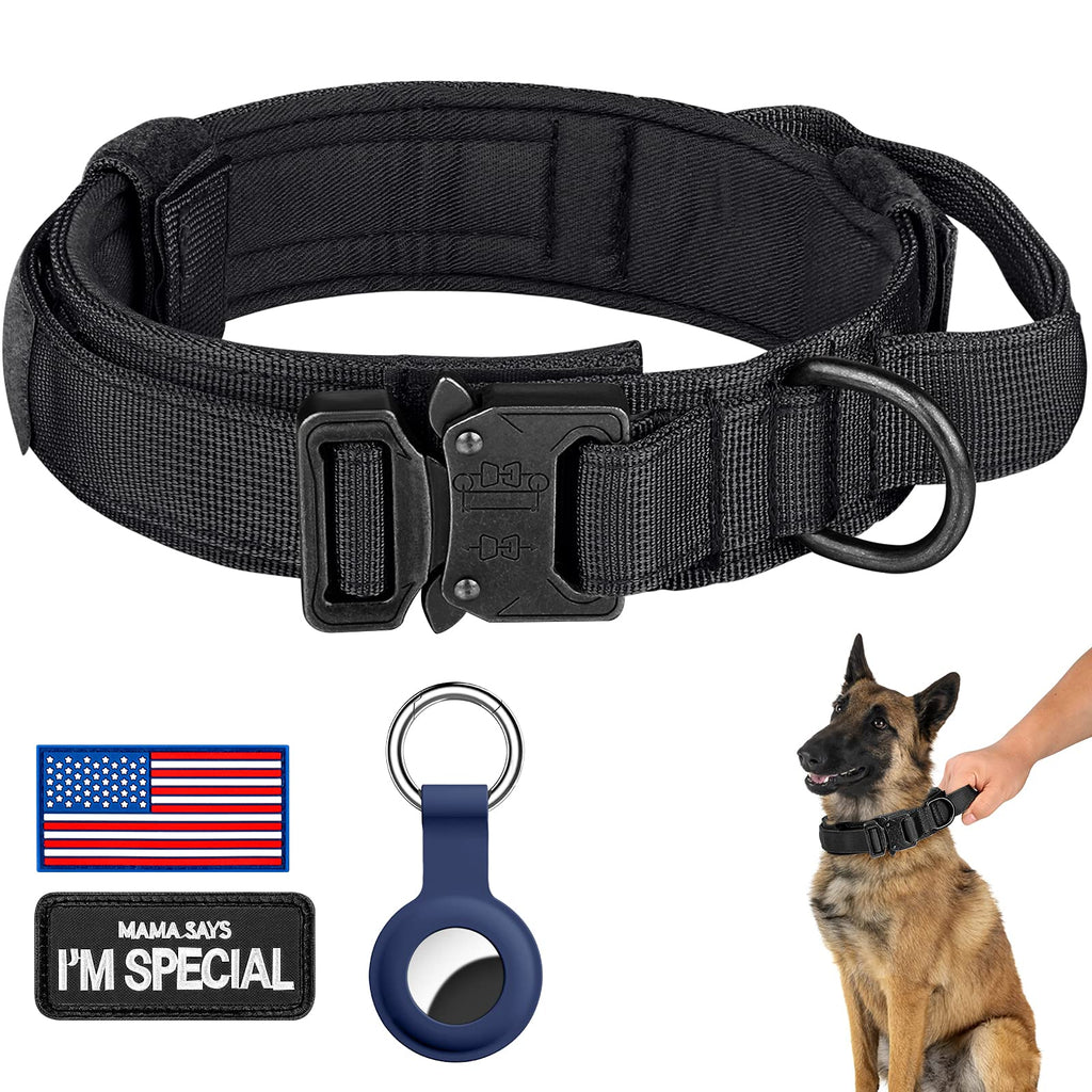 DAGANXI Tactical Dog Collar XL - Adjustable Military Training Nylon Collar with Control Handle, Metal Buckle, Patches & AirTag Case - Black