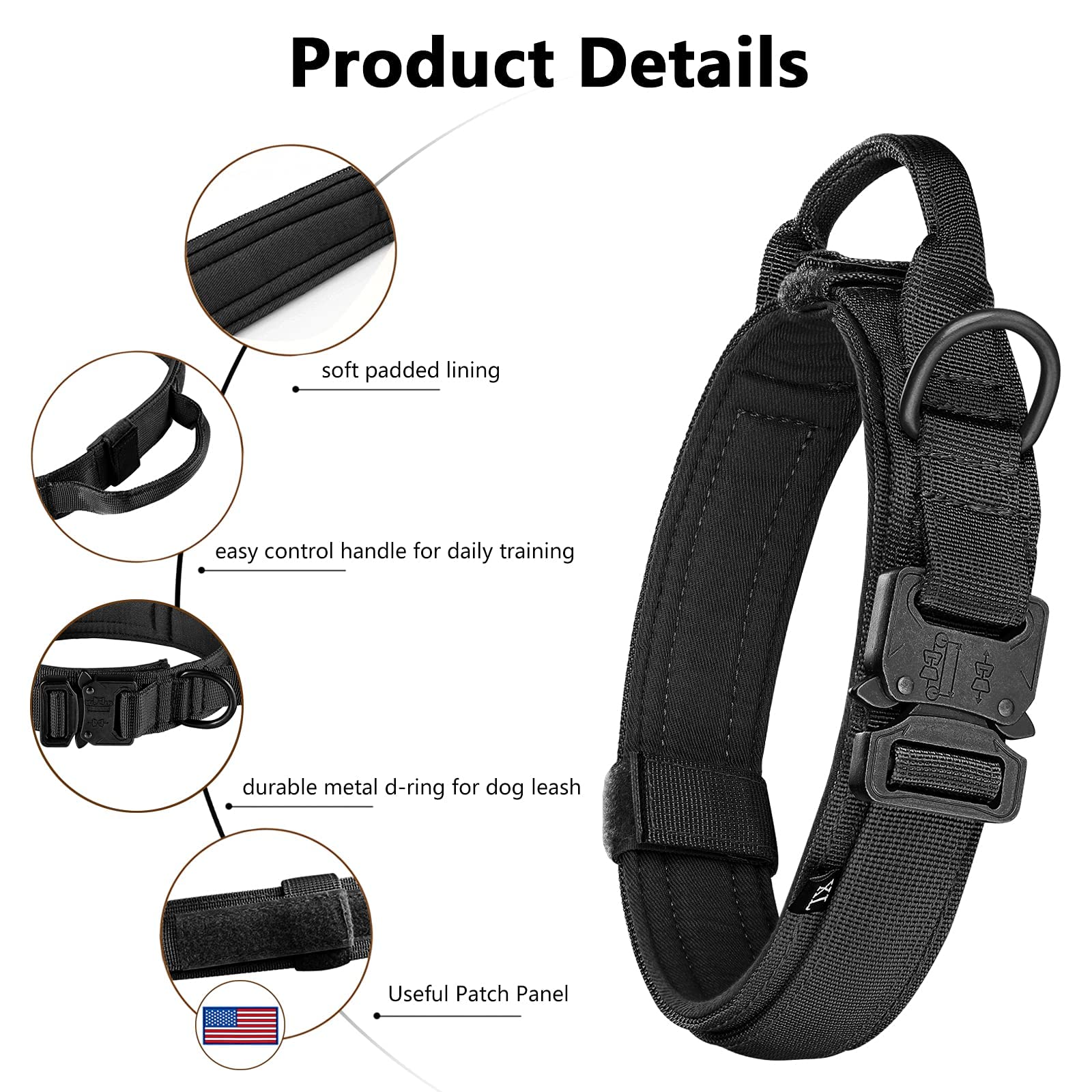 DAGANXI Tactical Dog Collar XL - Adjustable Military Training Nylon Collar with Control Handle, Metal Buckle, Patches & AirTag Case - Black