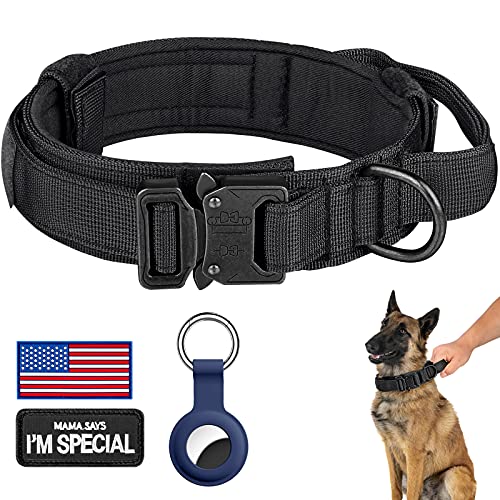 DAGANXI Tactical Dog Collar XL - Adjustable Military Training Nylon Collar with Control Handle, Metal Buckle, Patches & AirTag Case - Black