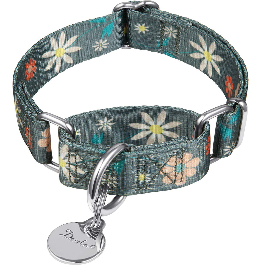 Dazzber Medium Martingale Dog Collar – Warm Grey Flowers Floral Print, No-Pull Escape Prevention, 14-21 Inch Neck
