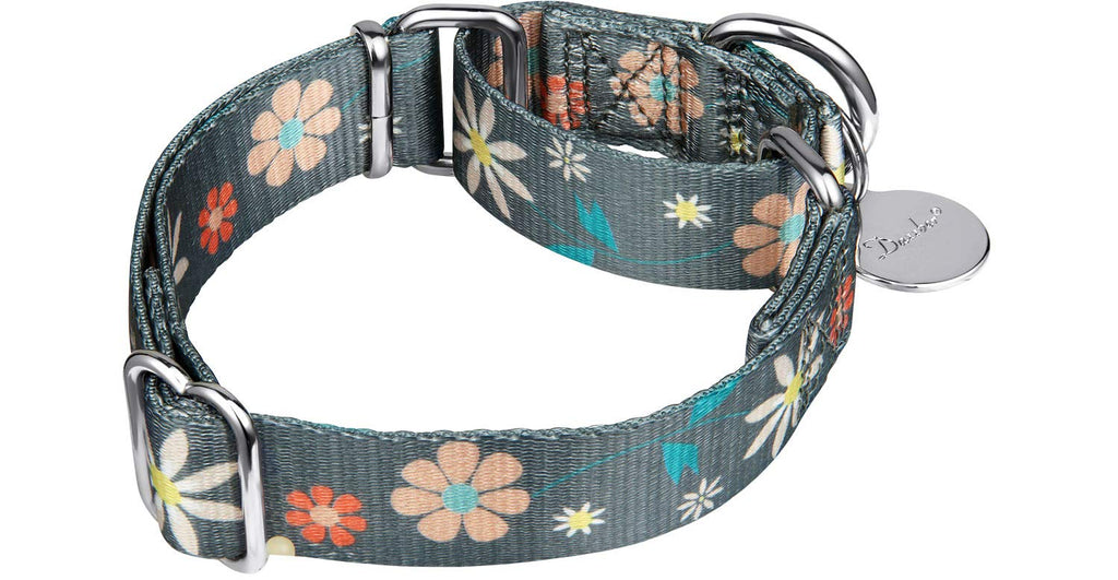 Dazzber Medium Martingale Dog Collar – Warm Grey Flowers Floral Print, No-Pull Escape Prevention, 14-21 Inch Neck