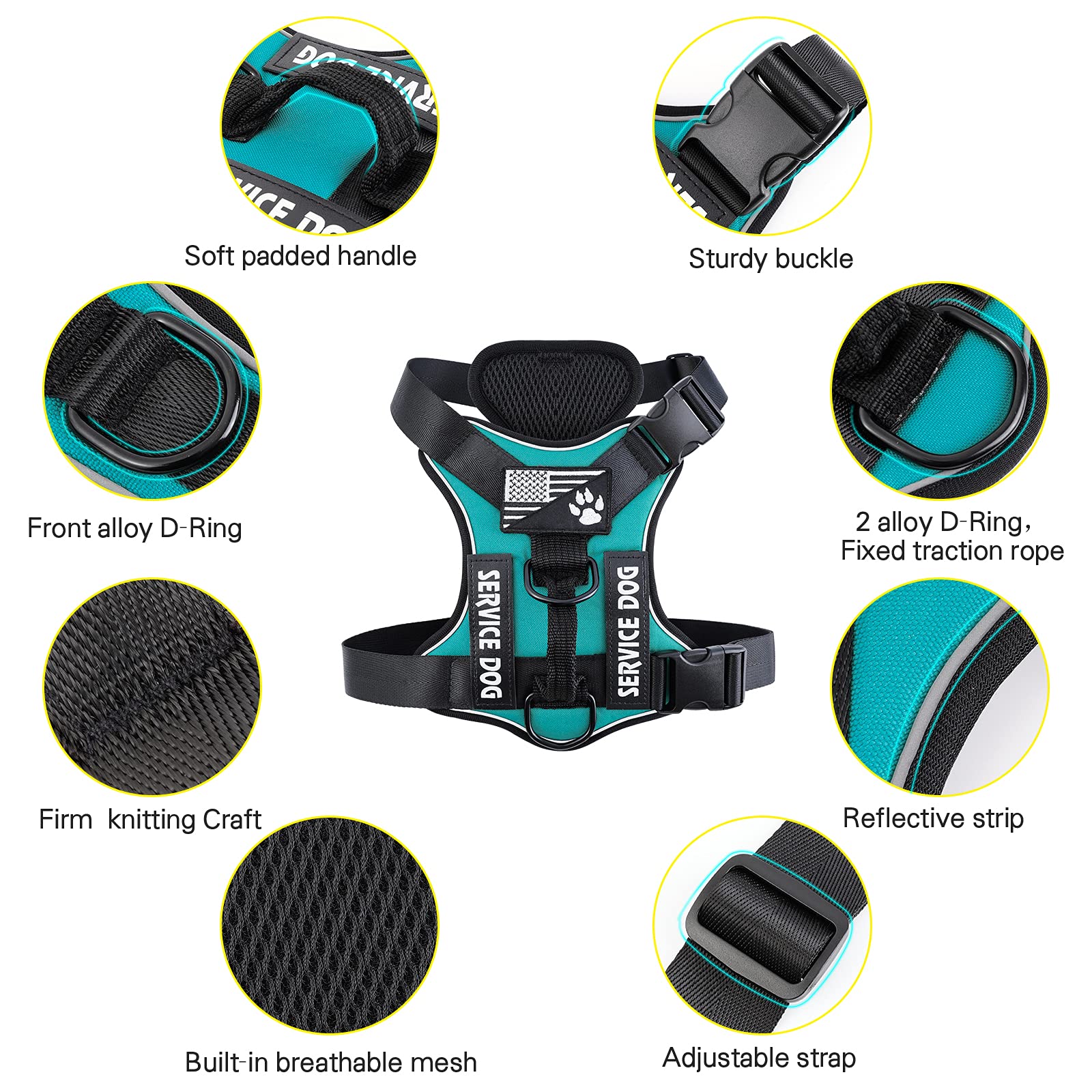 Demigreat Large Turquoise Dog Service Harness - Reflective No-Pull with Patches