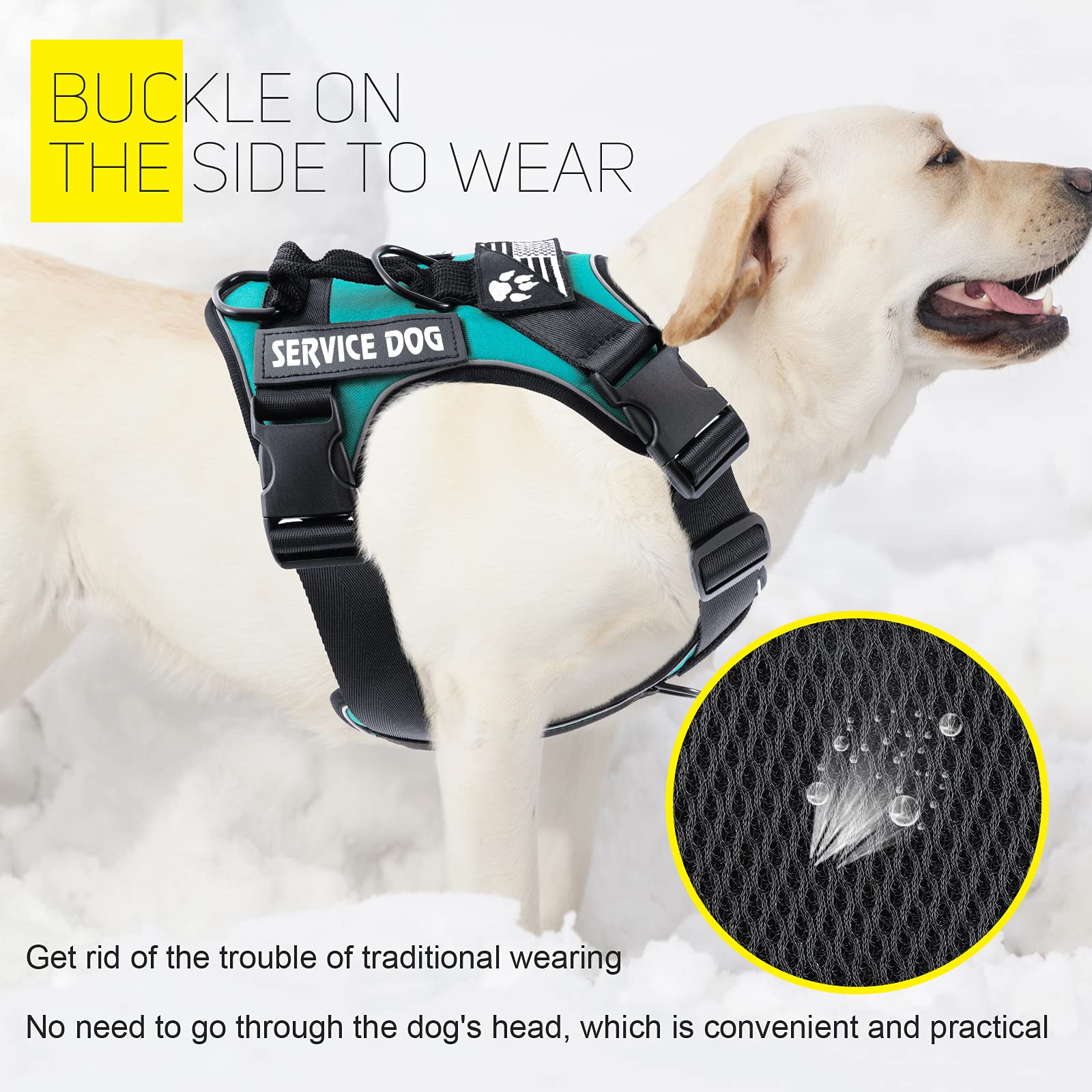 Demigreat Large Turquoise Dog Service Harness - Reflective No-Pull with Patches