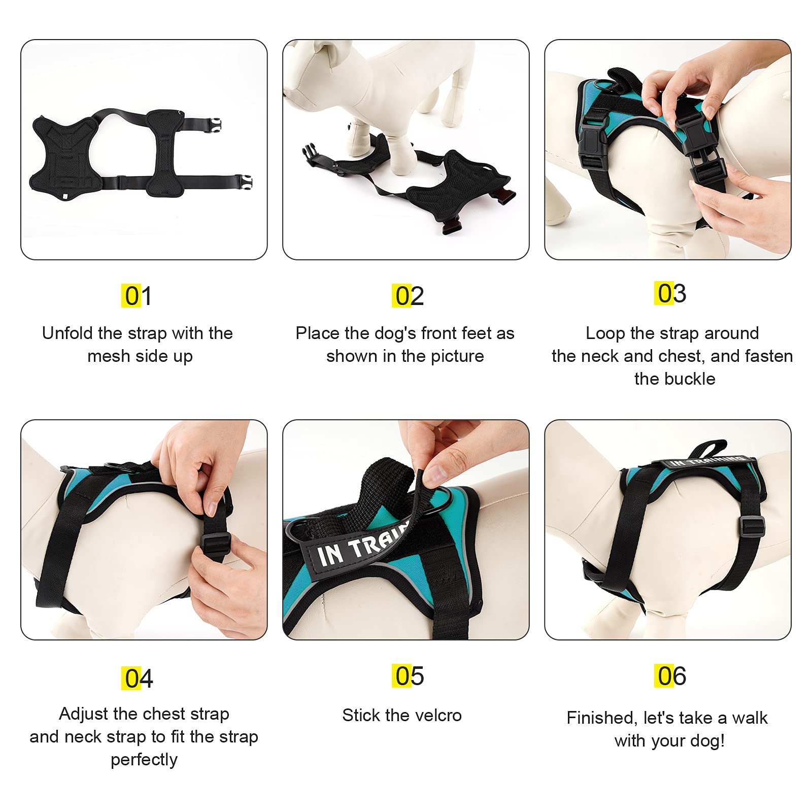 Demigreat Large Turquoise Dog Service Harness - Reflective No-Pull with Patches