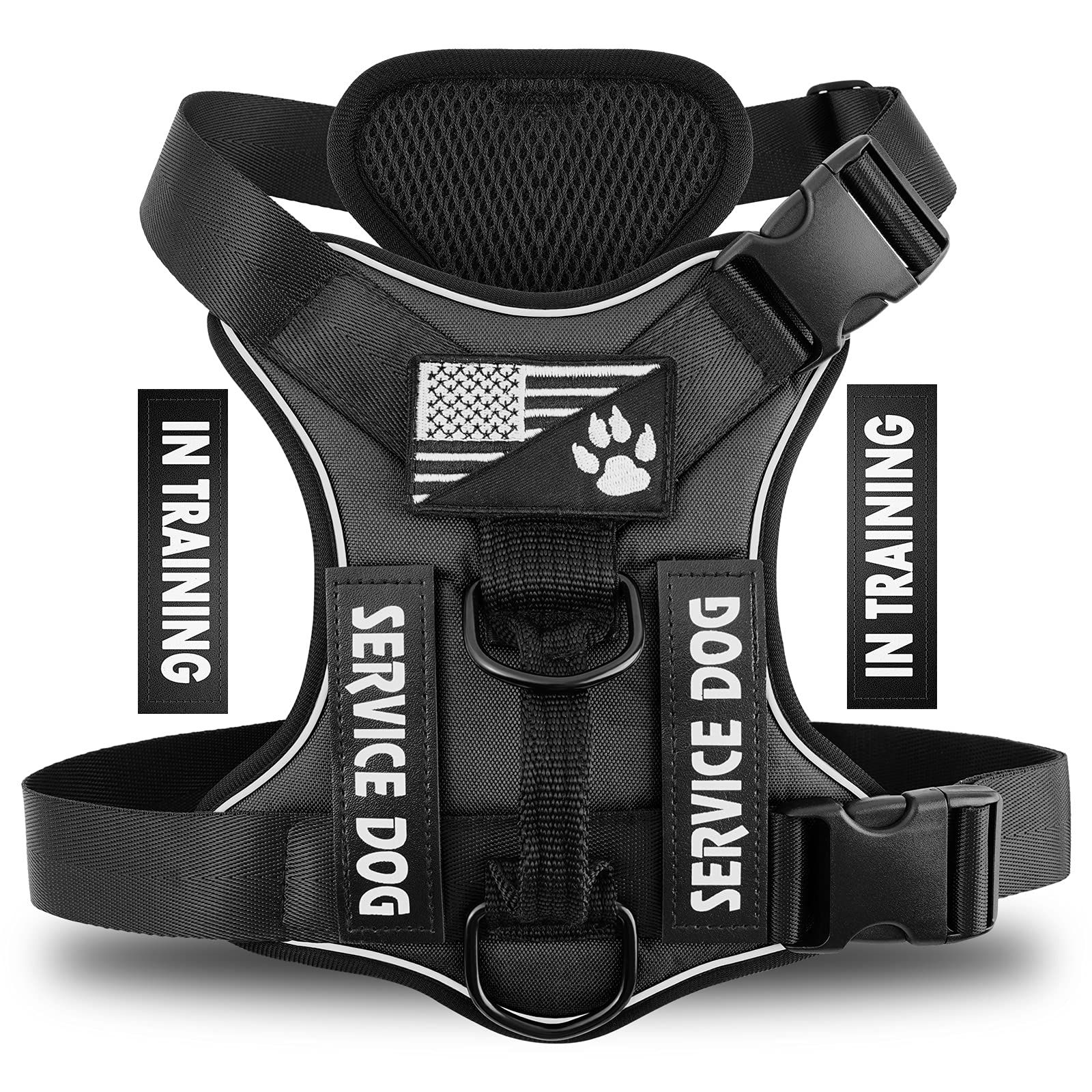 Demigreat No-Pull Reflective Dog Harness with 5 Patches – Large, Black, Breathable Mesh Vest for Service Dogs and Training