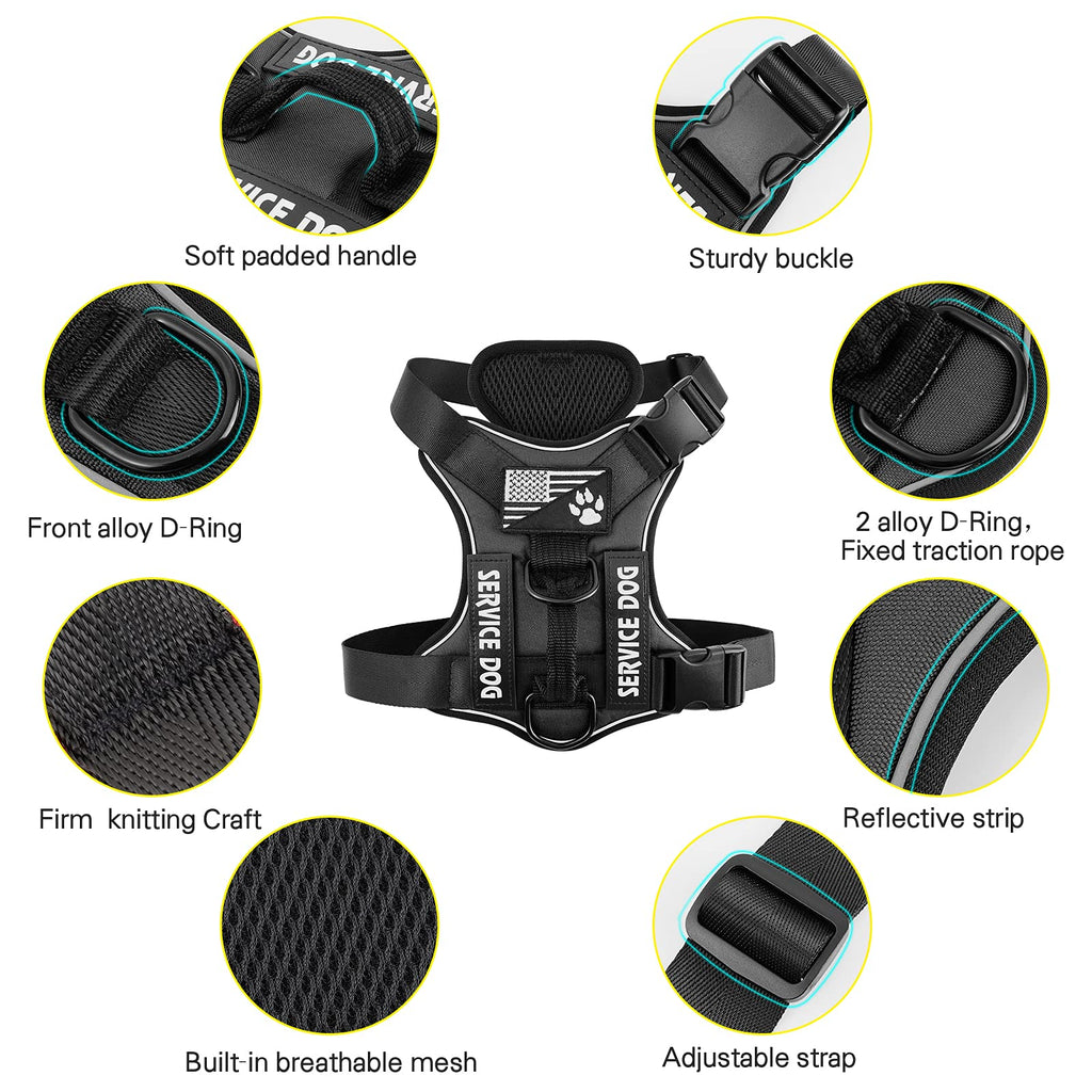 Demigreat No-Pull Reflective Dog Harness with 5 Patches – Large, Black, Breathable Mesh Vest for Service Dogs and Training