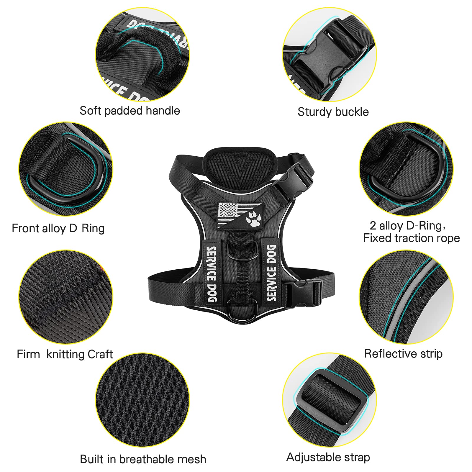 Demigreat No-Pull Reflective Dog Harness with 5 Patches – Large, Black, Breathable Mesh Vest for Service Dogs and Training