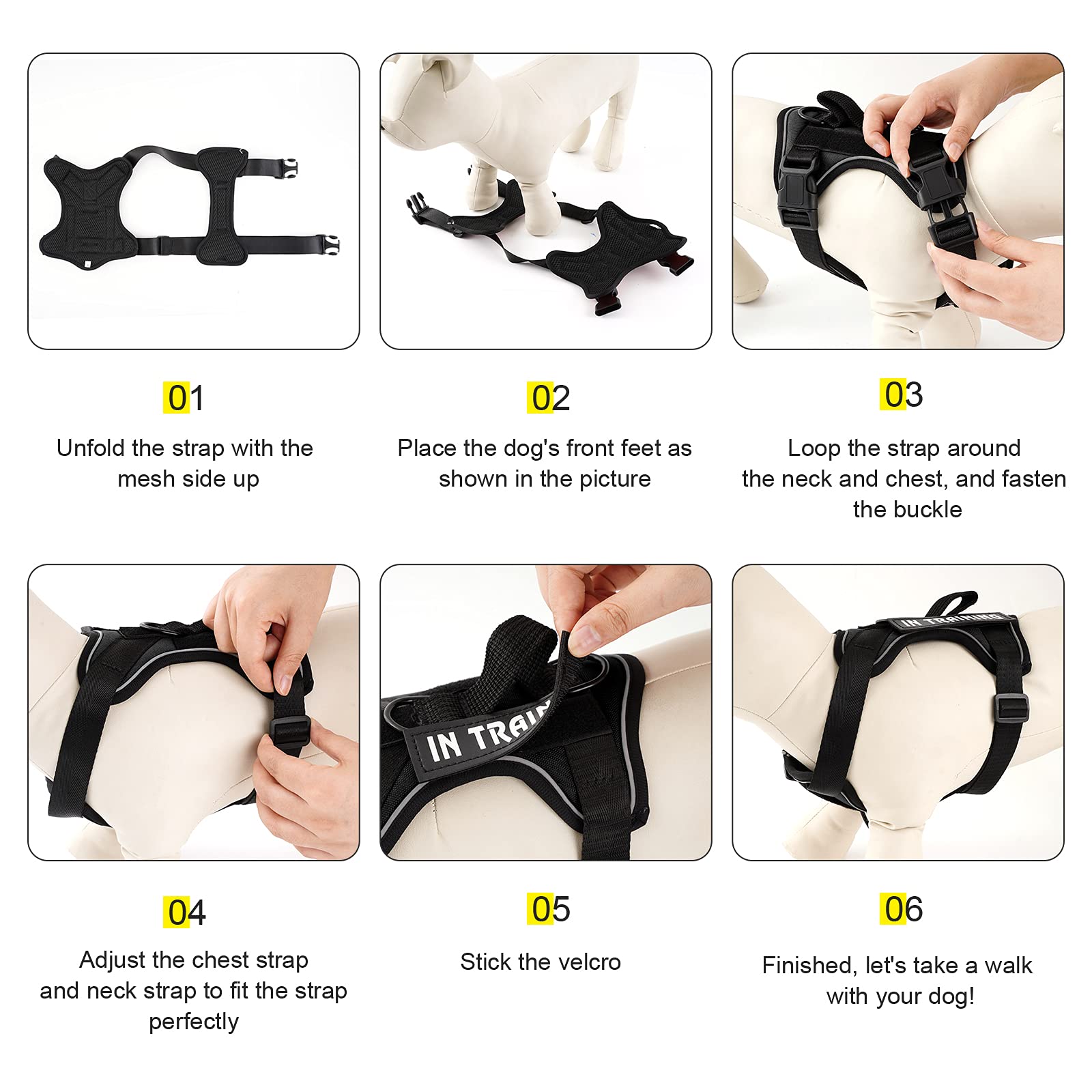 Demigreat No-Pull Reflective Dog Harness with 5 Patches – Large, Black, Breathable Mesh Vest for Service Dogs and Training