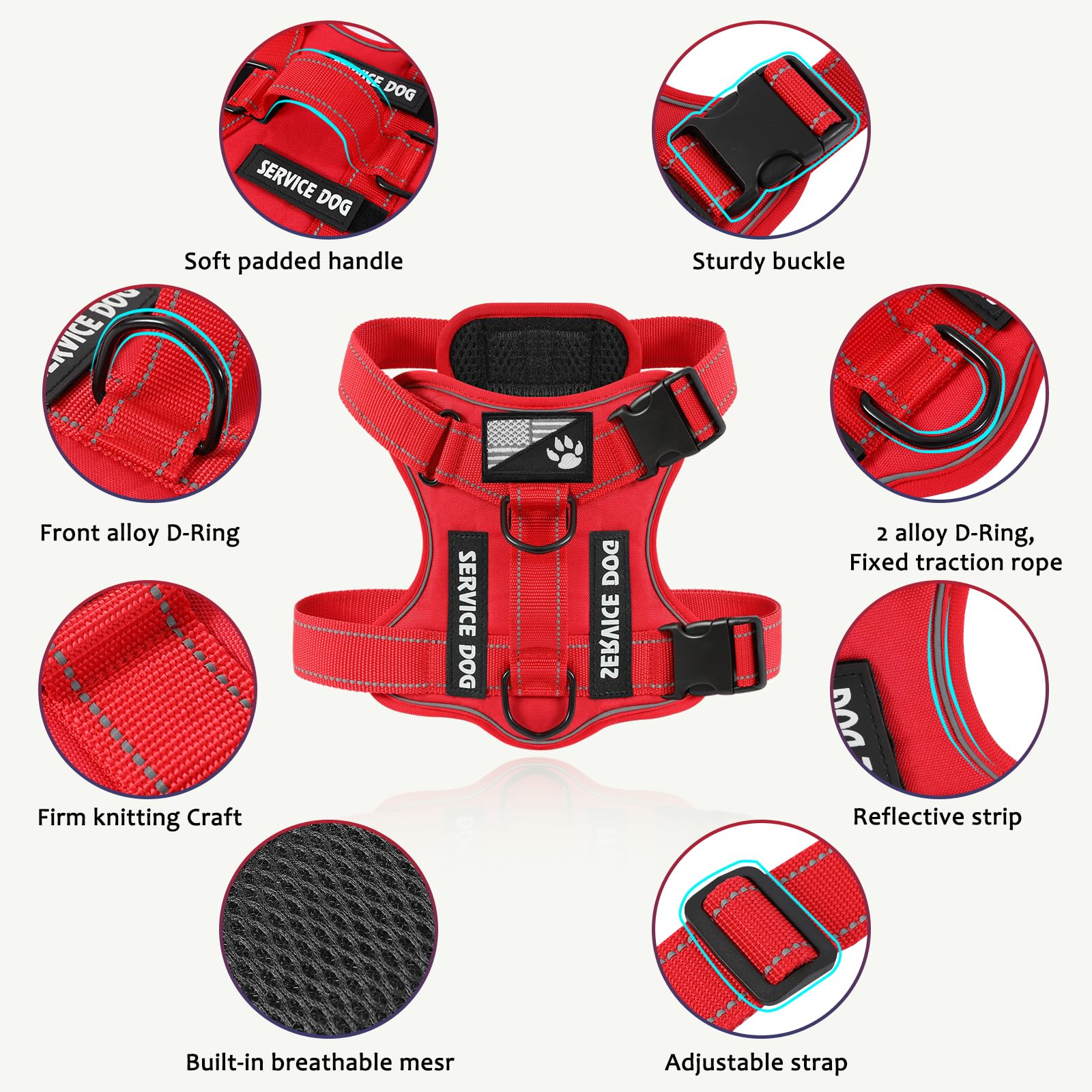 Demigreat Service Dog Harness - Reflective Vest with 5 Patches, No-Pull Design, Medium, All-RED