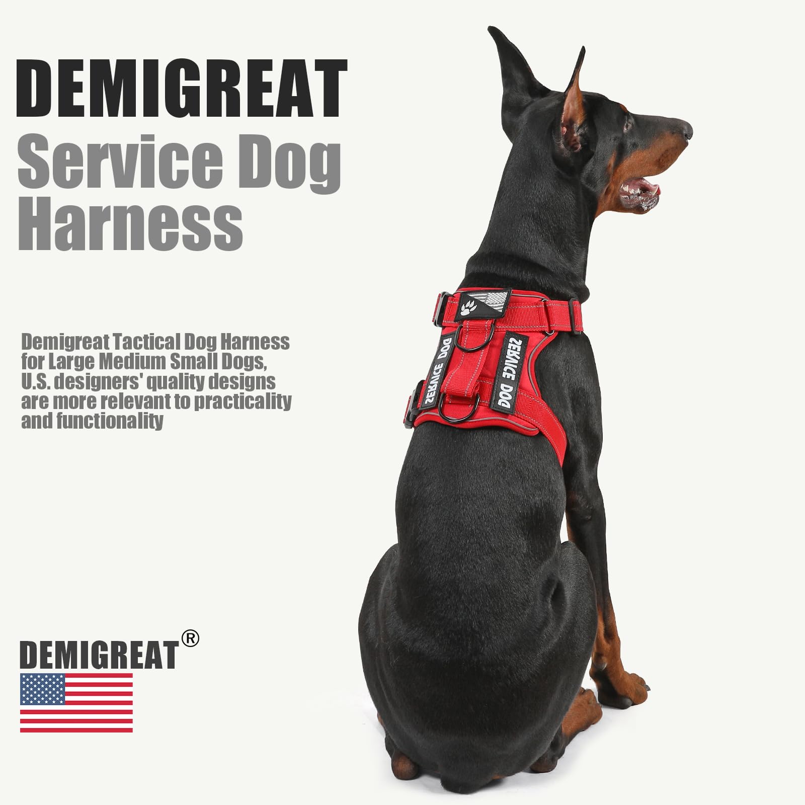 Demigreat Service Dog Harness - Reflective Vest with 5 Patches, No-Pull Design, Medium, All-RED