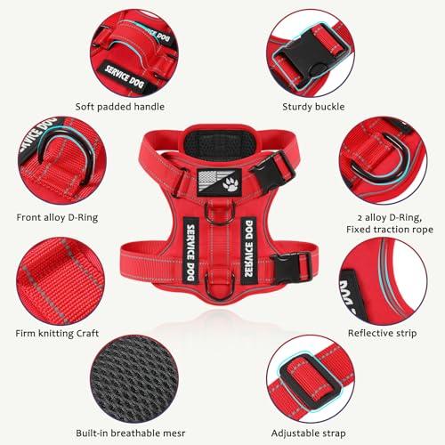 Demigreat Service Dog Harness - Reflective Vest with 5 Patches, No-Pull Design, Medium, All-RED