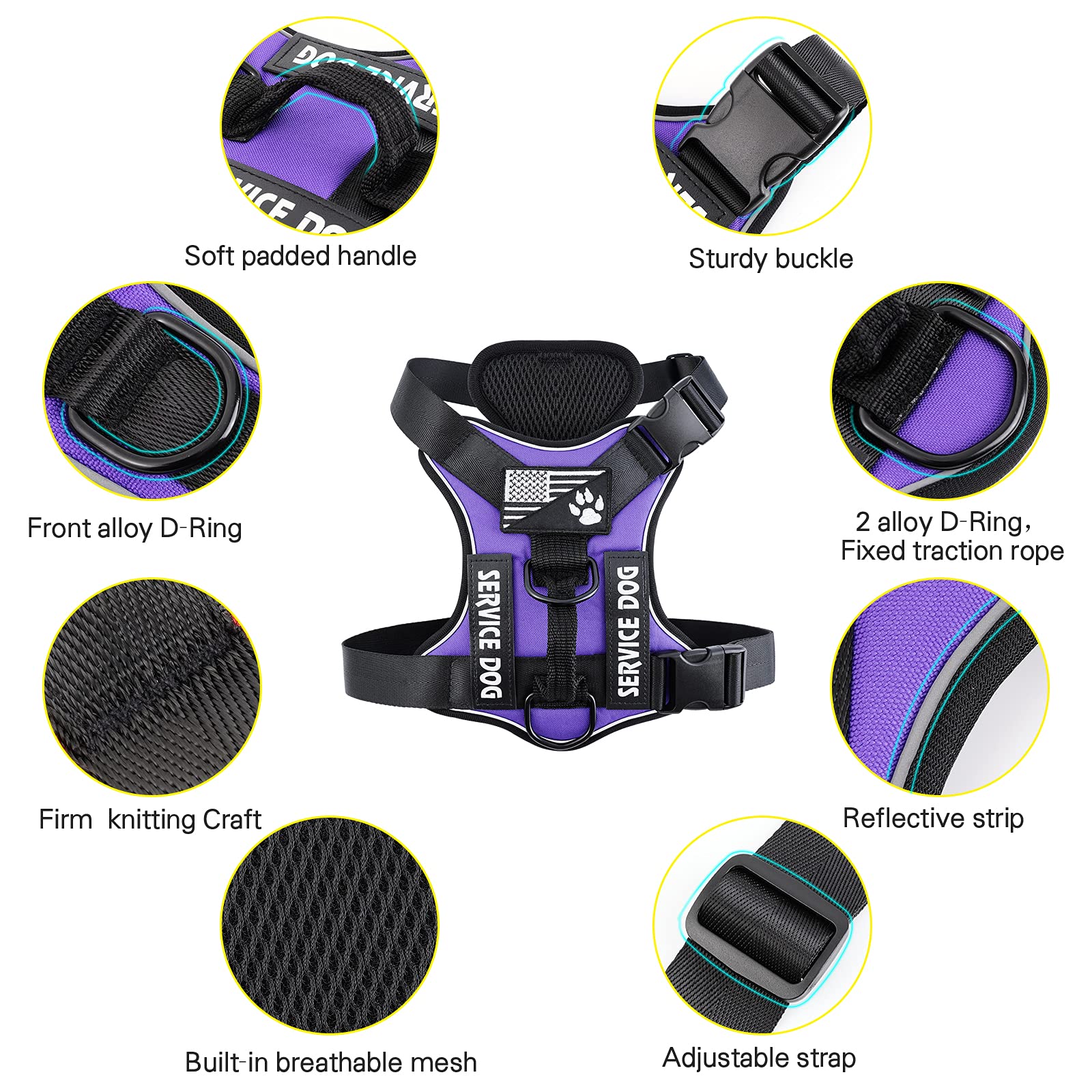 Demigreat Service Dog Harness – Reflective No-Pull Vest with 5 Patches, Adjustable Oxford Nylon, Medium, Purple