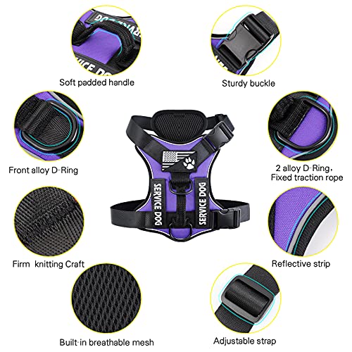 Demigreat Service Dog Harness – Reflective No-Pull Vest with 5 Patches, Adjustable Oxford Nylon, Medium, Purple