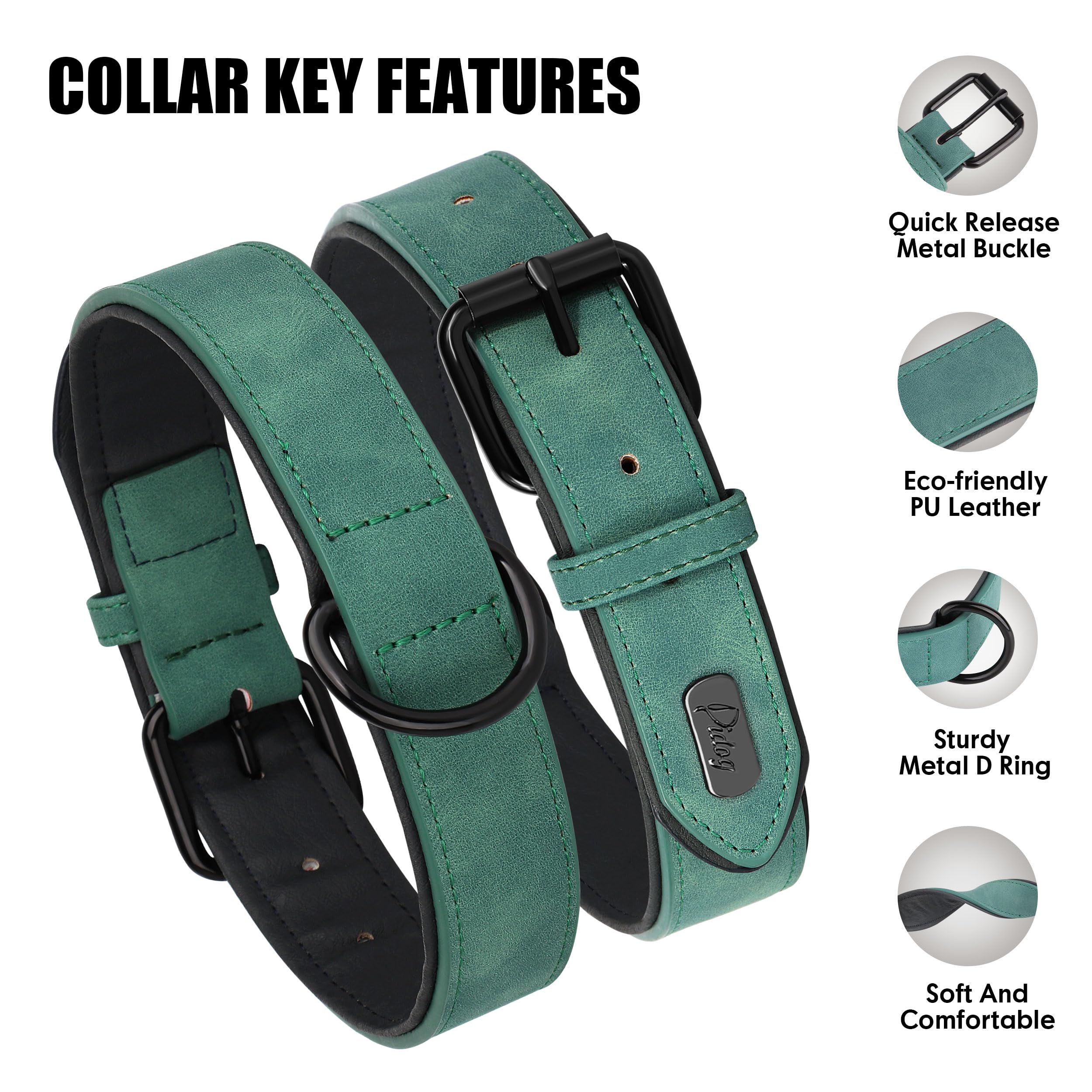Didog Soft Padded PU Leather Dog Collar - Breathable, Adjustable, Comfortable for Medium Dogs - Green, Size L (Fits Neck 14-18", 22-44 lbs)