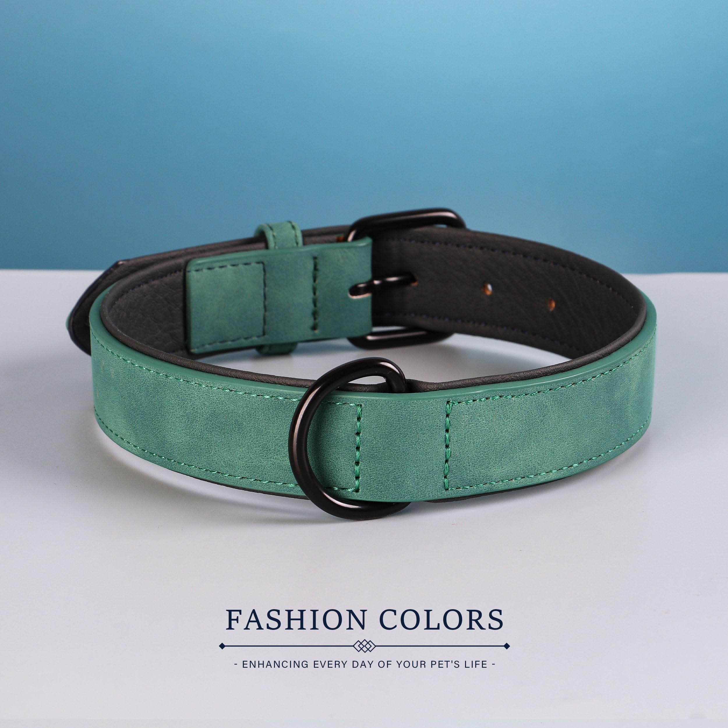 Didog Soft Padded PU Leather Dog Collar - Breathable, Adjustable, Comfortable for Medium Dogs - Green, Size L (Fits Neck 14-18", 22-44 lbs)
