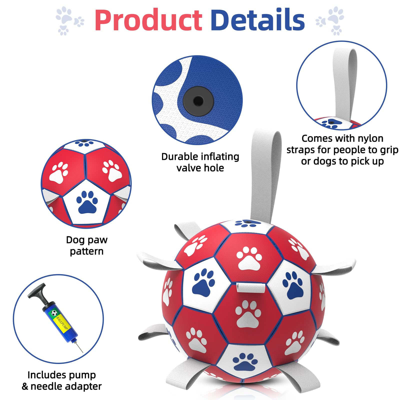 Diman 6-Inch Dog Ball with Straps for Small to Medium Dogs - Outdoor & Water Fetch Toy, Red