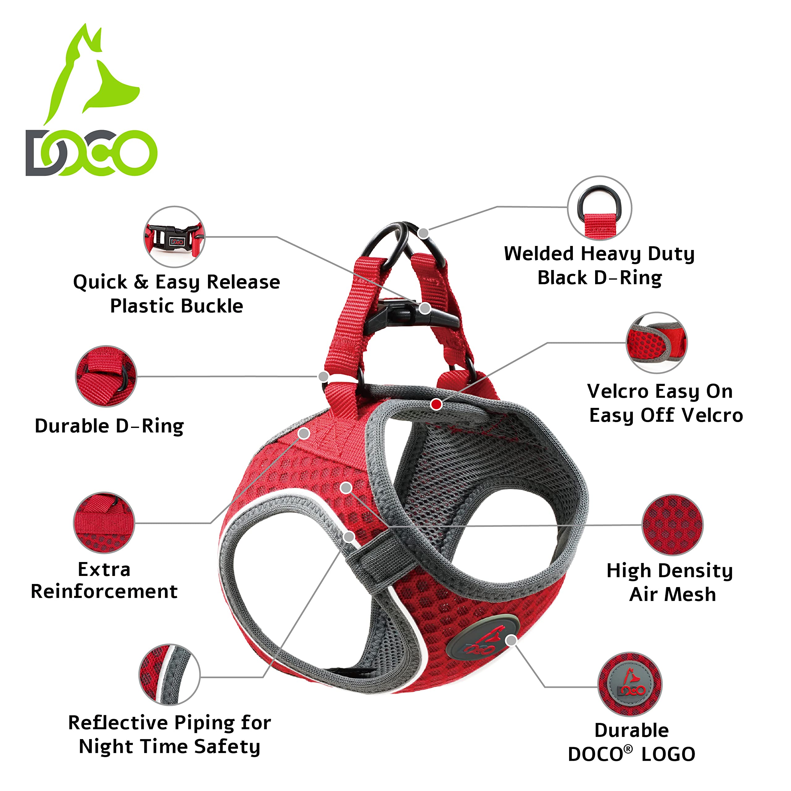 DOCO No Pull Dog Harness – Medium (16–17 in Chest, 10–15 lbs) – Hot Pink, Breathable Air Mesh Vest with Reflective Strips