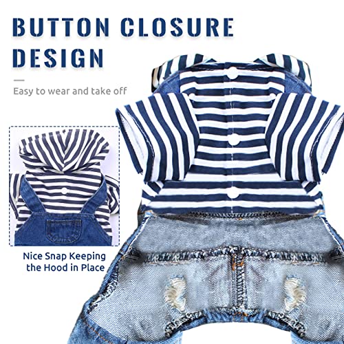 Dog Denim Jumpsuit with Striped Hoodie - One-Piece Outfit for Small Dogs and Cats, Blue, XXL