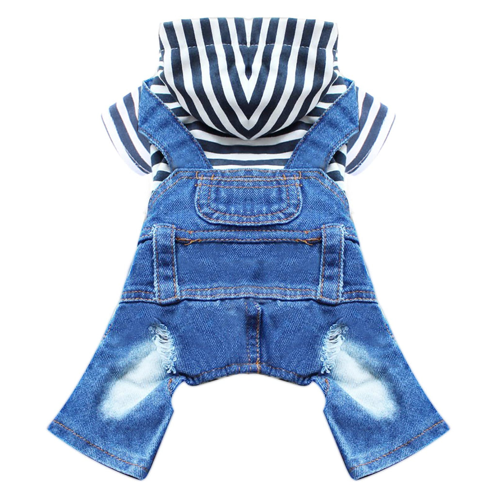 Dog Denim Jumpsuit with Striped Hoodie - One-Piece Outfit for Small Dogs and Cats, Blue, XXL