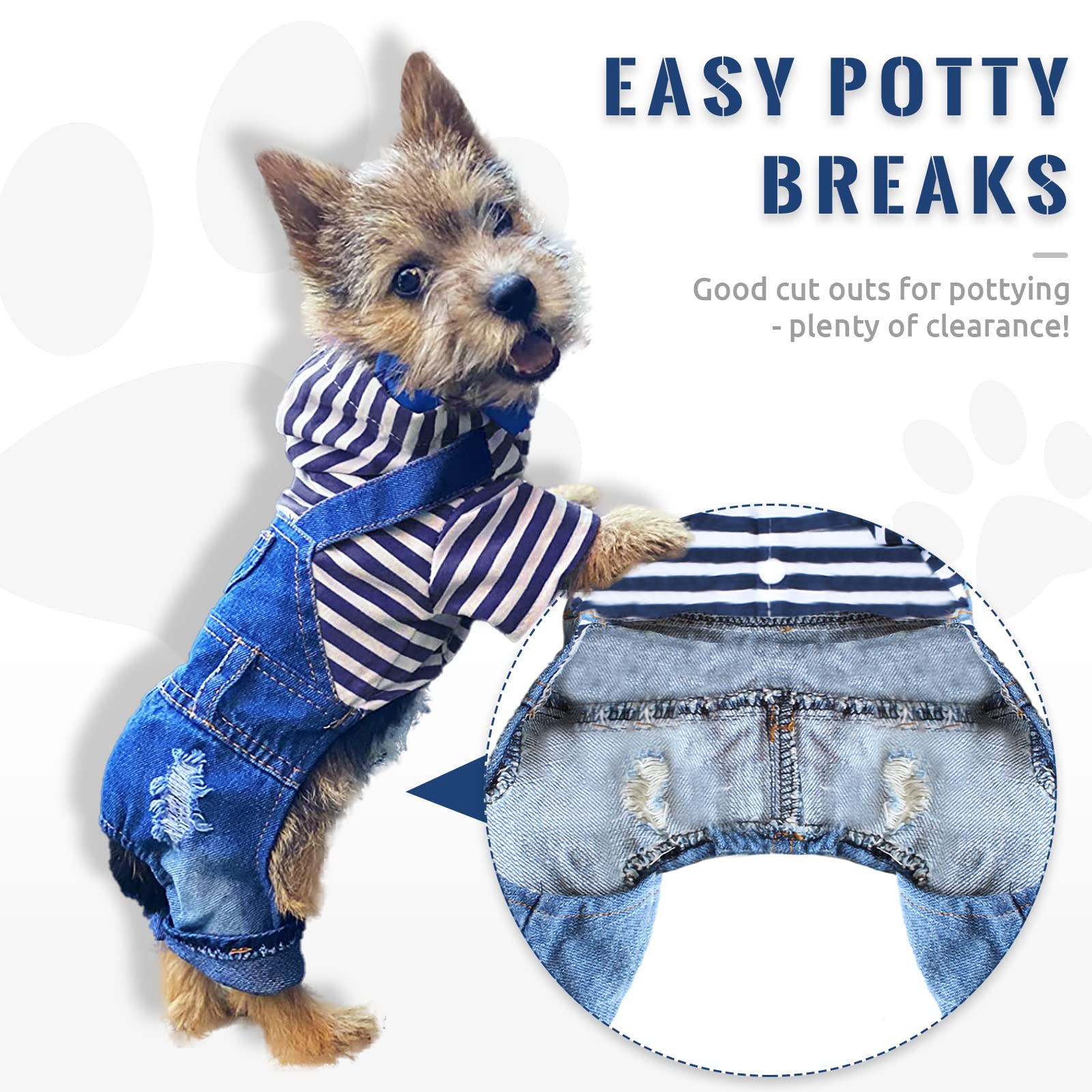 Dog Denim Jumpsuit with Striped Hoodie - One-Piece Outfit for Small Dogs and Cats, Blue, XXL