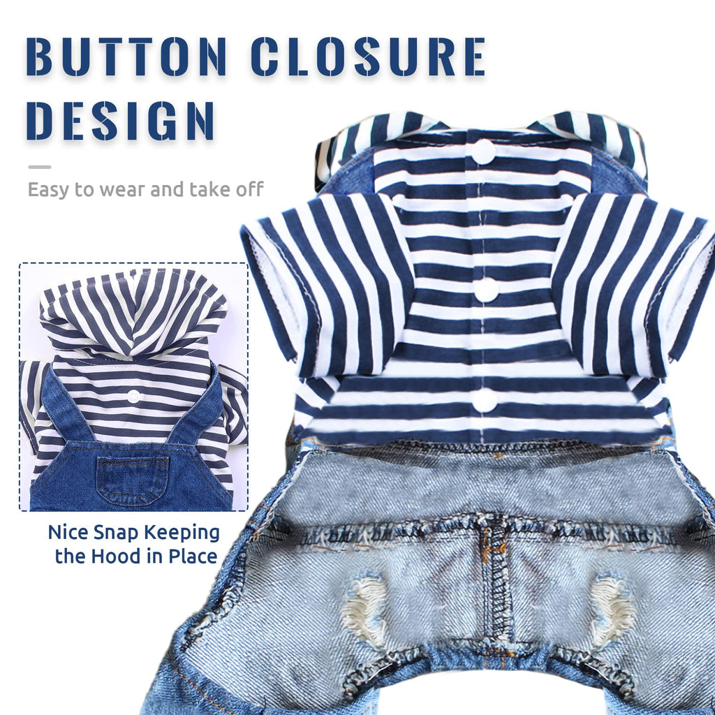 Dog Denim Jumpsuit with Striped Hoodie - One-Piece Outfit for Small Dogs and Cats, Blue, XXL