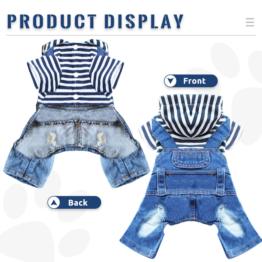 Dog Denim Jumpsuit with Striped Hoodie - One-Piece Outfit for Small Dogs and Cats, Blue, XXL