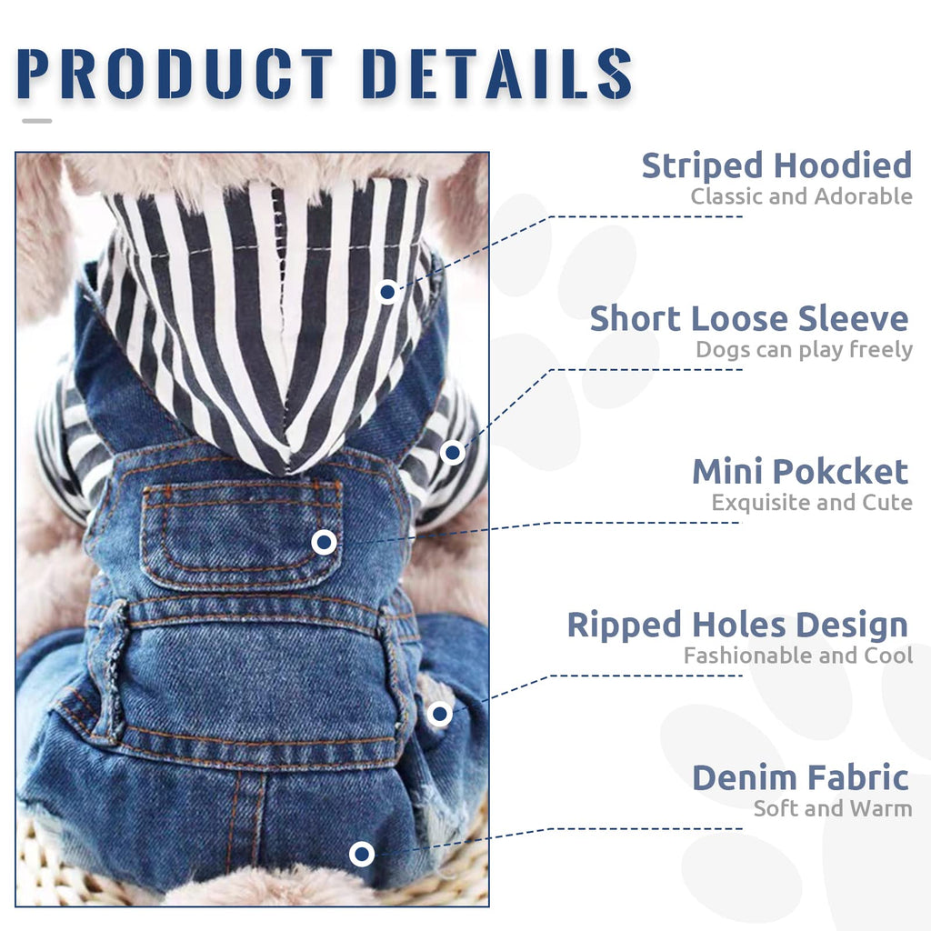 Dog Denim Jumpsuit with Striped Hoodie - One-Piece Outfit for Small Dogs and Cats, Blue, XXL