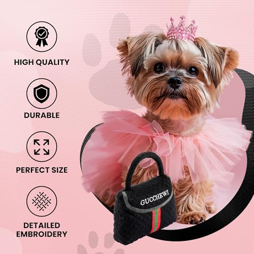 Dog Diggin Designs Gucchewi Striped Plush Dog Toy Purse with Squeaker – Luxury-Inspired Parody Handbag for Dogs