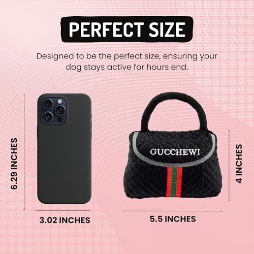 Dog Diggin Designs Gucchewi Striped Plush Dog Toy Purse with Squeaker – Luxury-Inspired Parody Handbag for Dogs