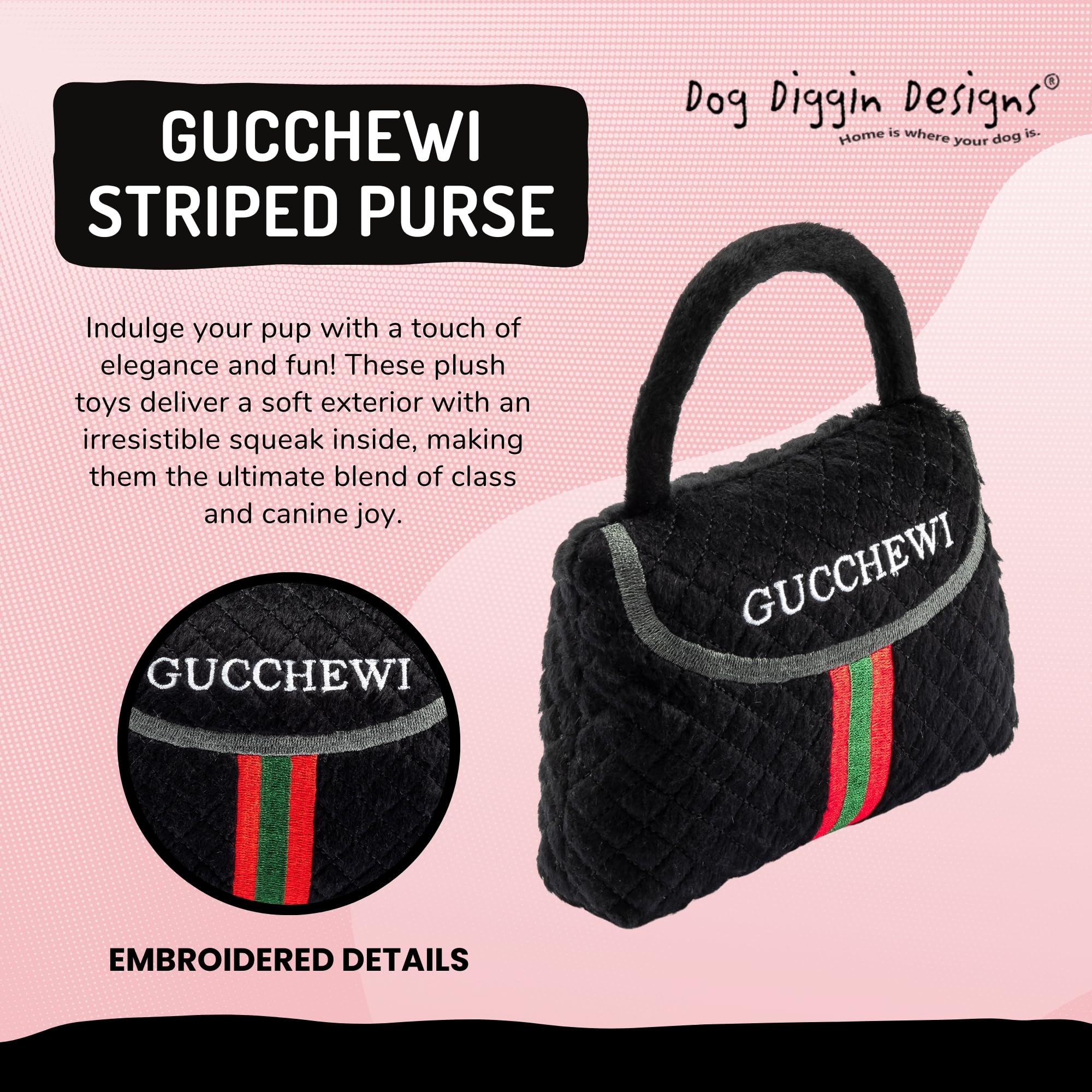 Dog Diggin Designs Gucchewi Striped Plush Dog Toy Purse with Squeaker – Luxury-Inspired Parody Handbag for Dogs