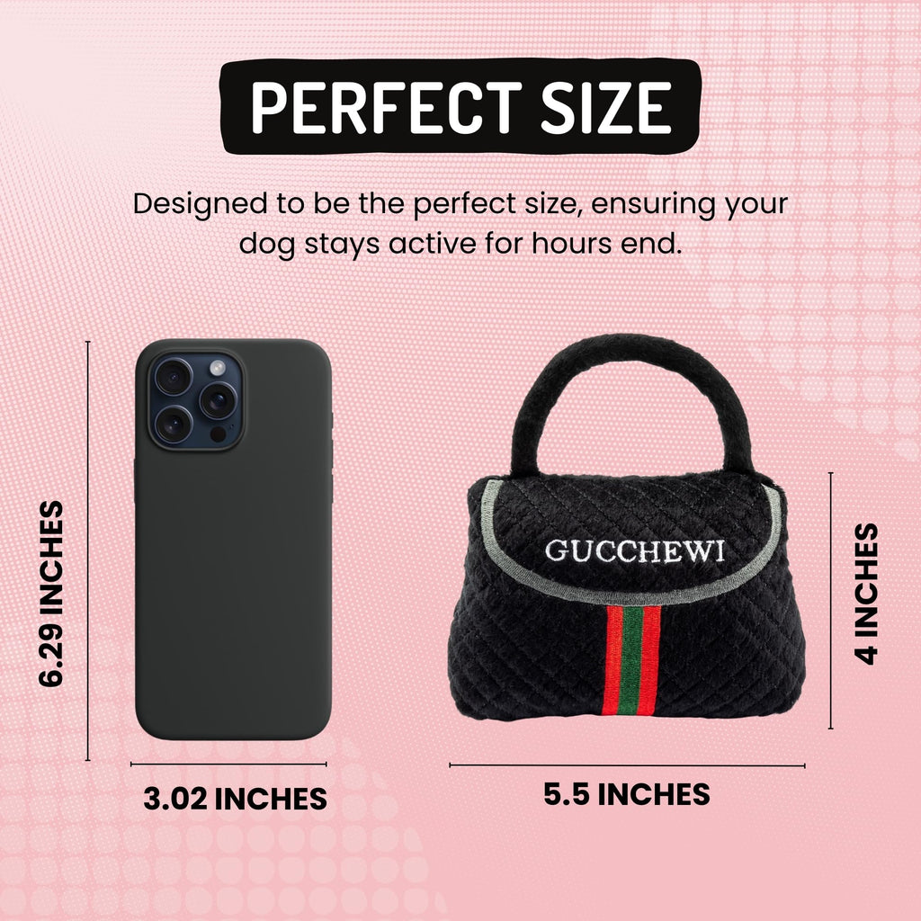 Dog Diggin Designs Gucchewi Striped Plush Dog Toy Purse with Squeaker – Luxury-Inspired Parody Handbag for Dogs