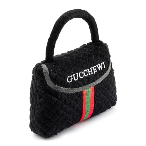 Dog Diggin Designs Gucchewi Striped Plush Dog Toy Purse with Squeaker – Luxury-Inspired Parody Handbag for Dogs
