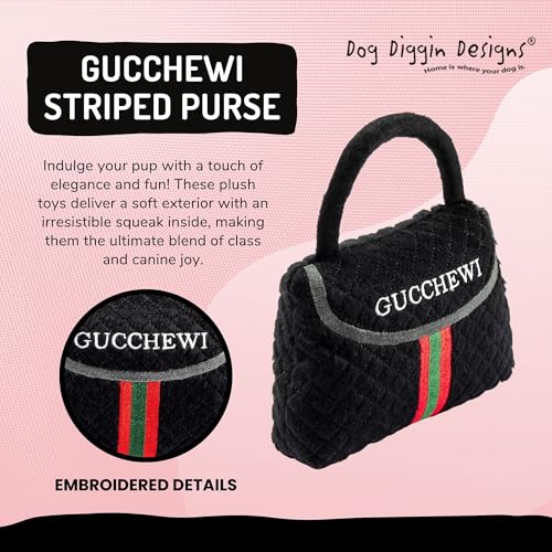Dog Diggin Designs Gucchewi Striped Plush Dog Toy Purse with Squeaker – Luxury-Inspired Parody Handbag for Dogs
