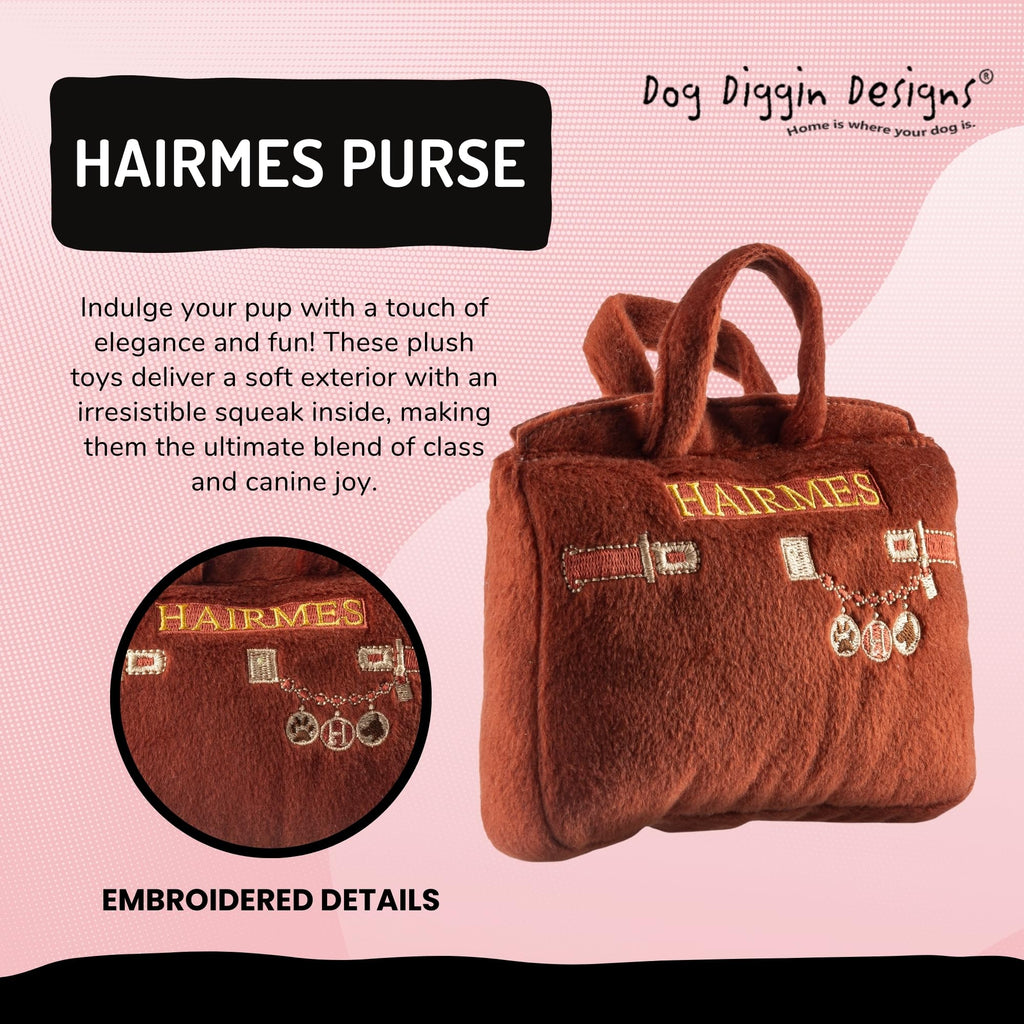 Dog Diggin Designs Hairmes Squeaky Plush Dog Toy – Luxury Parody Handbag with Squeaker