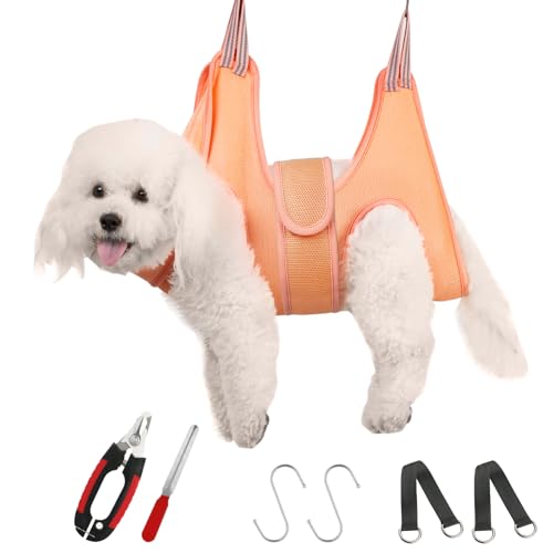 Dog Grooming Hammock by Guzekier – Orange, Small, with Nail Clippers & File