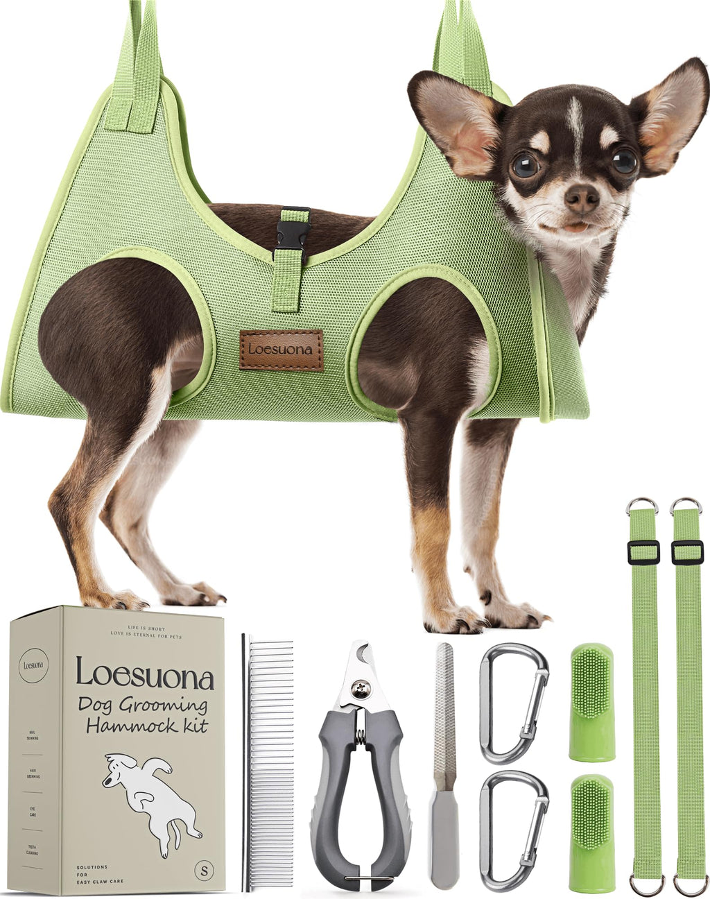 Dog Grooming Hammock for Nail Trimming – Loesuona Pet Sling with Safety Buckle, Includes Nail Clippers and Grooming Tools for Small Dogs (Size S, Green)