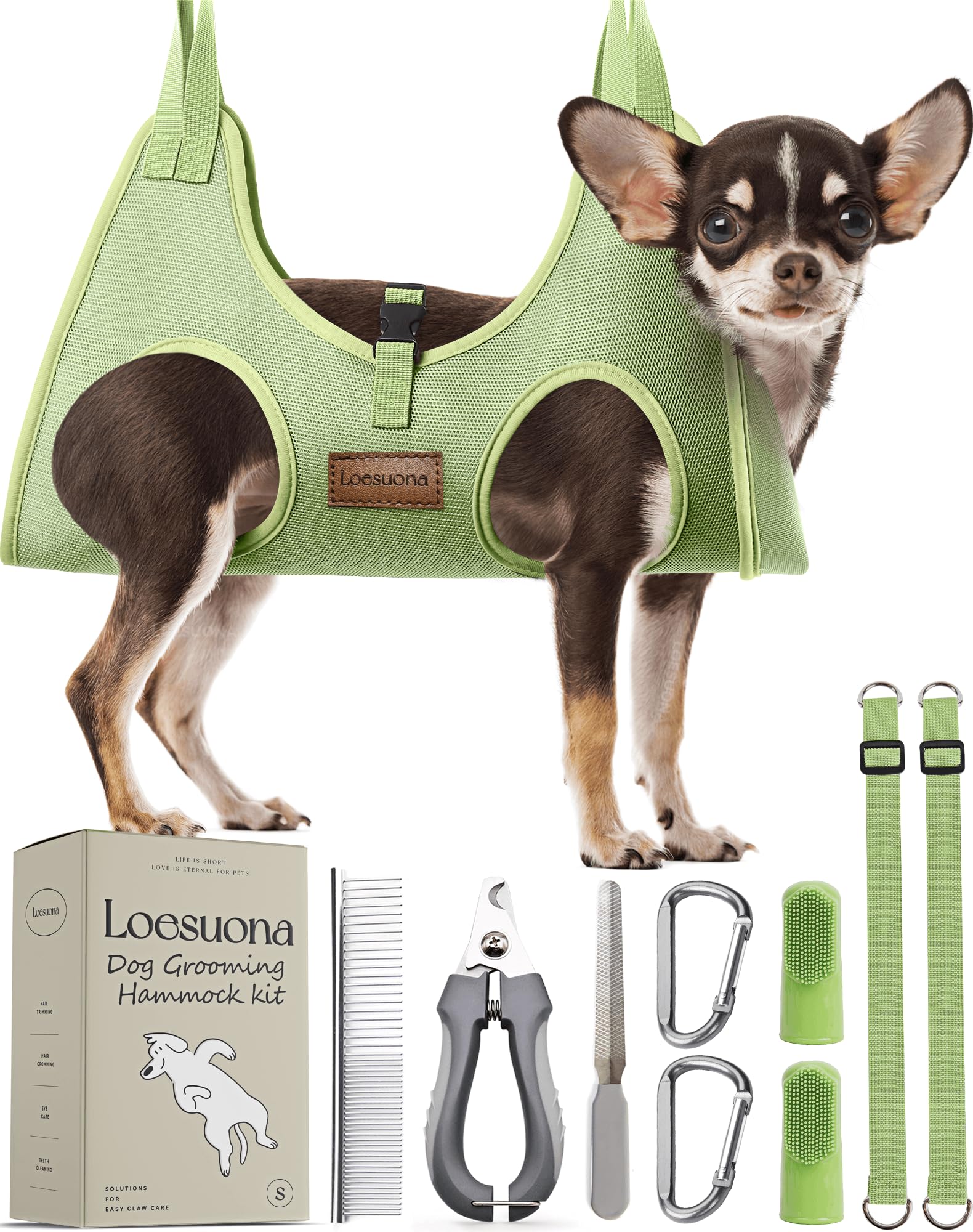 Dog Grooming Hammock for Nail Trimming – Loesuona Pet Sling with Safety Buckle, Includes Nail Clippers and Grooming Tools for Small Dogs (Size S, Green)