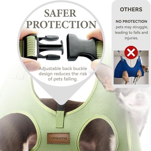 Dog Grooming Hammock for Nail Trimming – Loesuona Pet Sling with Safety Buckle, Includes Nail Clippers and Grooming Tools for Small Dogs (Size S, Green)