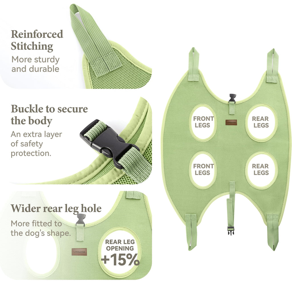 Dog Grooming Hammock for Nail Trimming – Loesuona Pet Sling with Safety Buckle, Includes Nail Clippers and Grooming Tools for Small Dogs (Size S, Green)