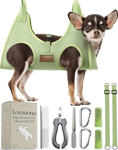 Dog Grooming Hammock for Nail Trimming – Loesuona Pet Sling with Safety Buckle, Includes Nail Clippers and Grooming Tools for Small Dogs (Size S, Green)