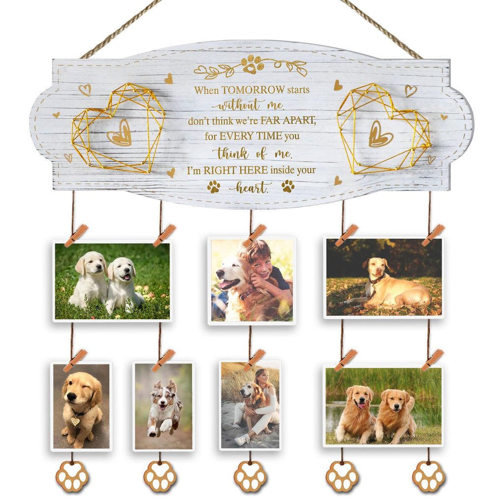 Dog Memorial Picture Collage Board – EXQUIDECA Rustic Wall Frame with Hand-Strung Hearts, Clips, and Paw Pendant