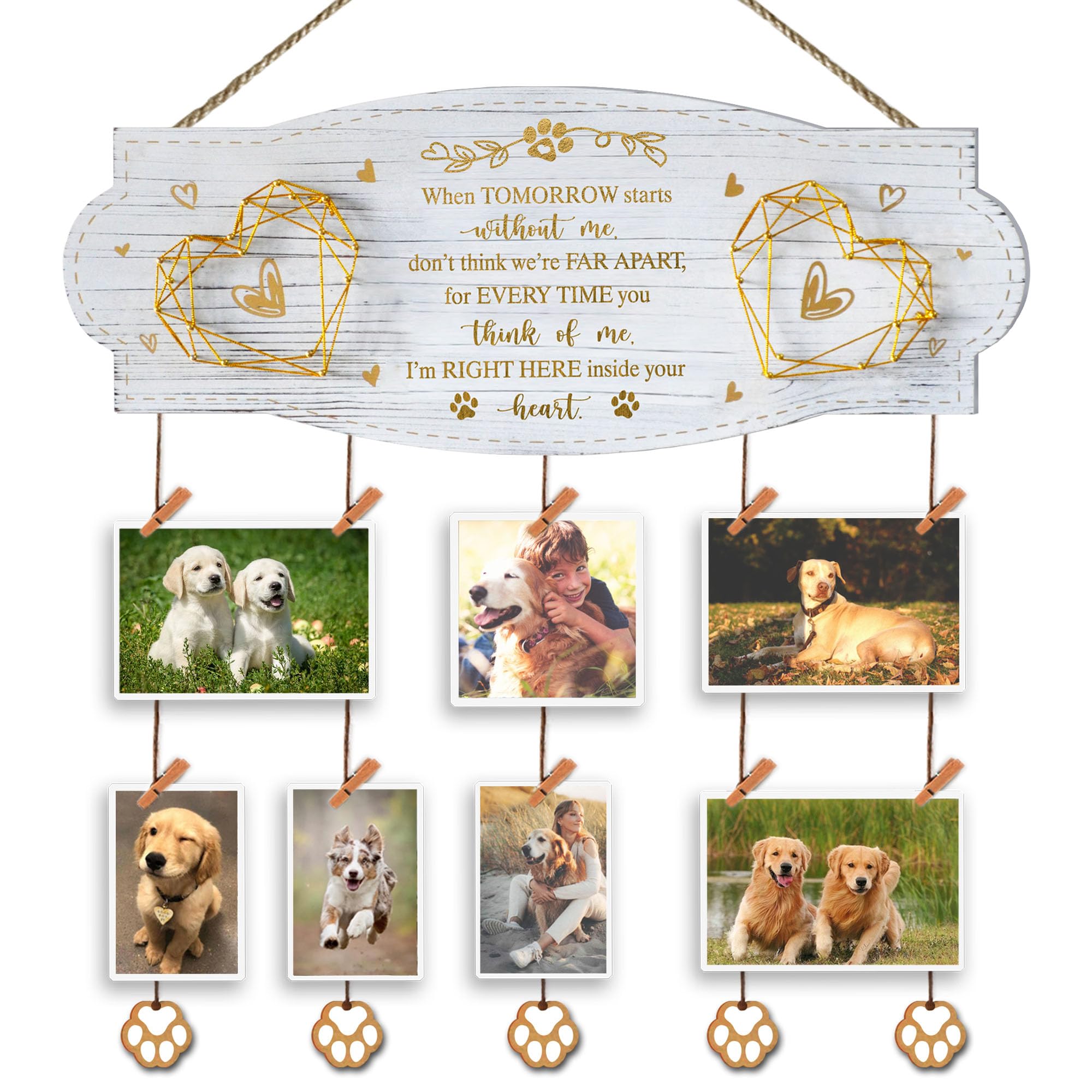 Dog Memorial Picture Collage Board – EXQUIDECA Rustic Wall Frame with Hand-Strung Hearts, Clips, and Paw Pendant