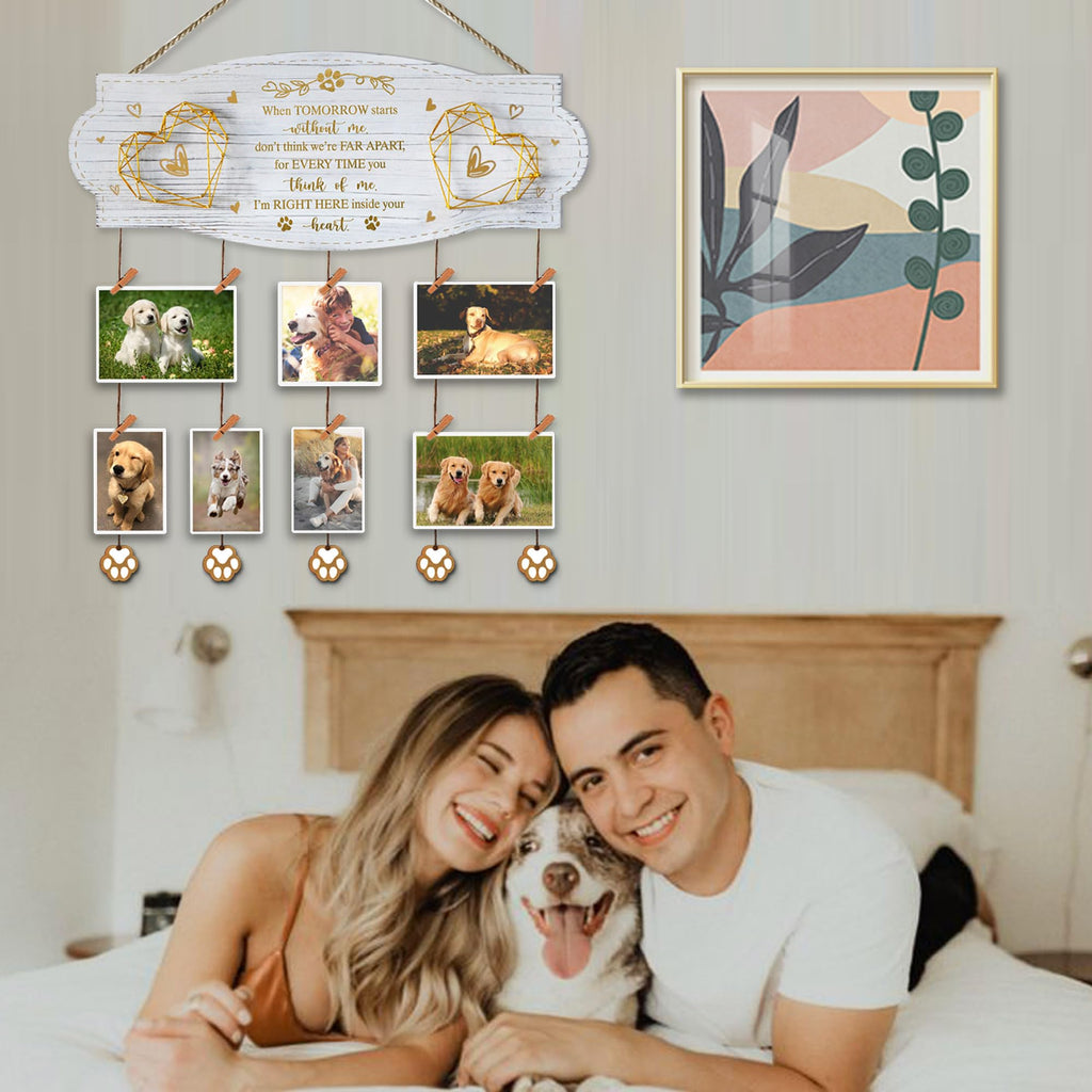 Dog Memorial Picture Collage Board – EXQUIDECA Rustic Wall Frame with Hand-Strung Hearts, Clips, and Paw Pendant