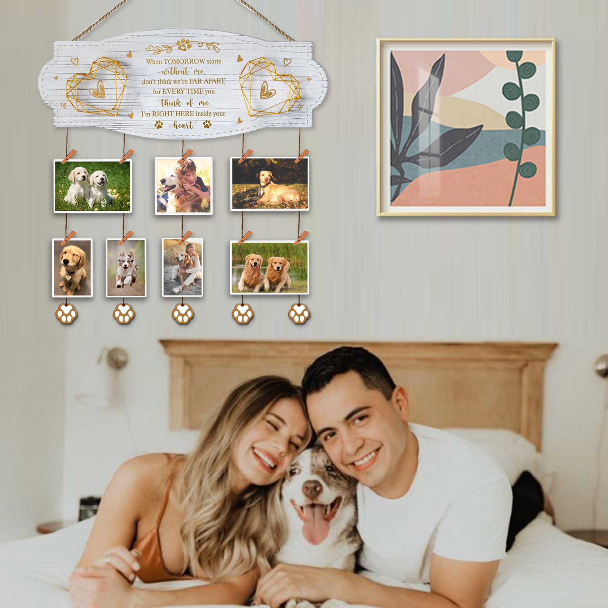 Dog Memorial Picture Collage Board – EXQUIDECA Rustic Wall Frame with Hand-Strung Hearts, Clips, and Paw Pendant