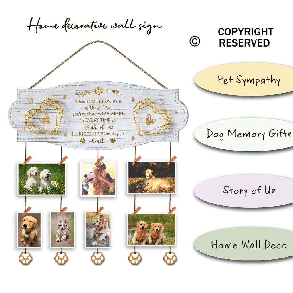 Dog Memorial Picture Collage Board – EXQUIDECA Rustic Wall Frame with Hand-Strung Hearts, Clips, and Paw Pendant
