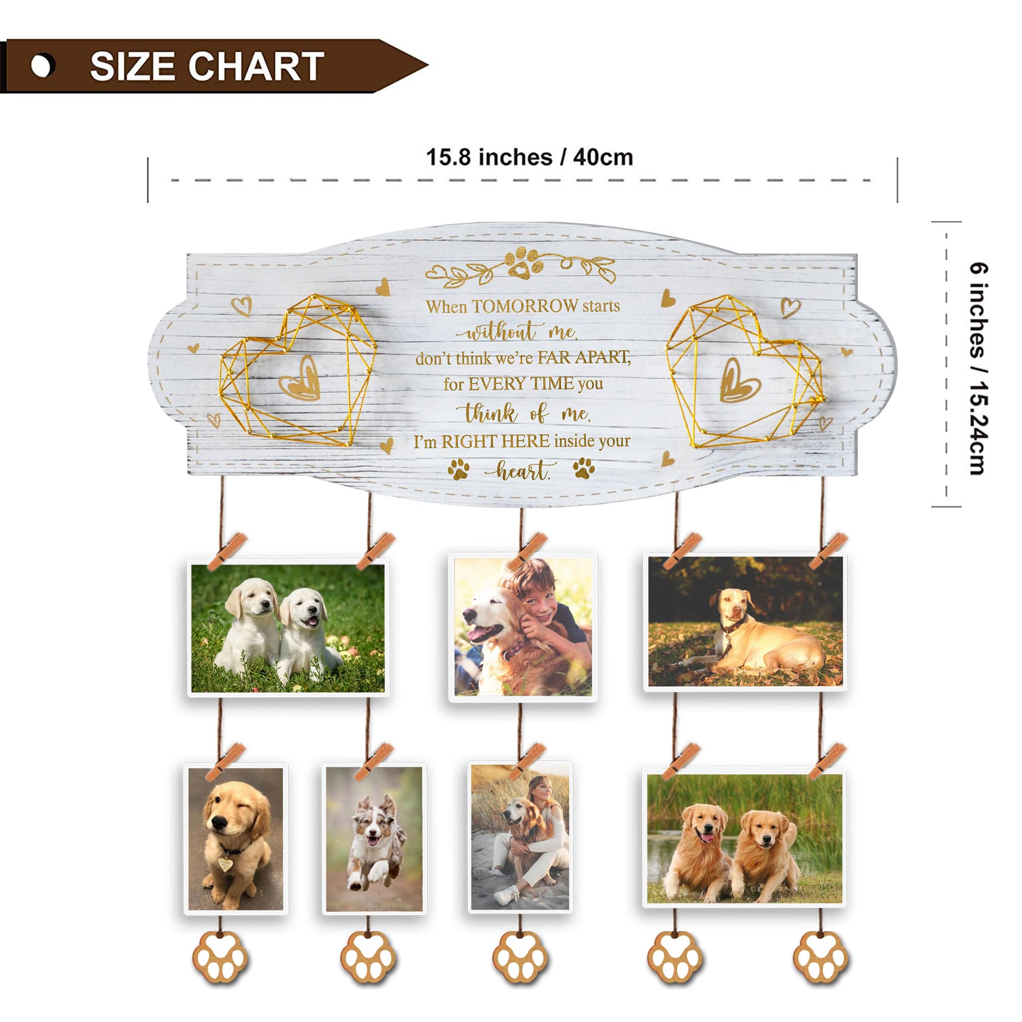 Dog Memorial Picture Collage Board – EXQUIDECA Rustic Wall Frame with Hand-Strung Hearts, Clips, and Paw Pendant